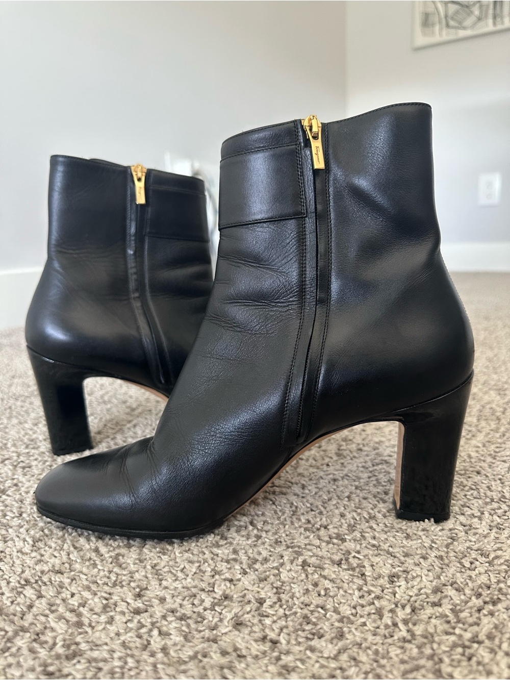 Salvatore Ferragamo Black Leather Ankle Booties with Gold Zip